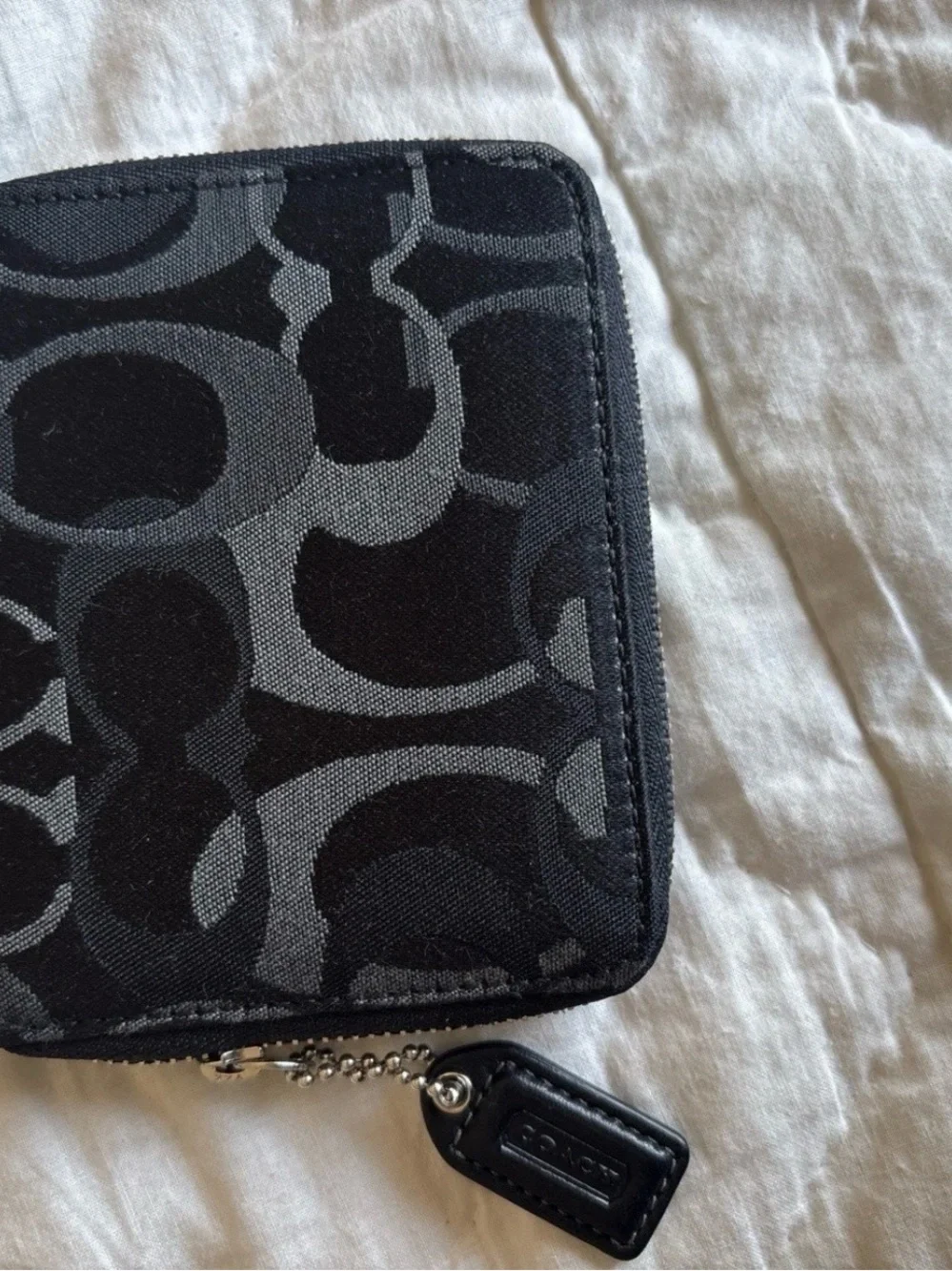 Coach Black Signature Compact Wallet with Gray Suede Pocket
